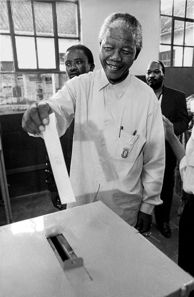 Mandela votes for the first time in his life, at Ohlange High School, Inanda, in KwaZulu-Natal, on April 27, 1994. Photograph: South Photography/Gallo/Getty.
