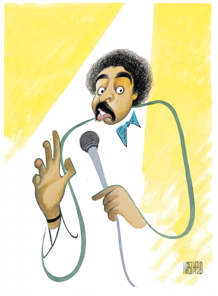 Pryor enlightened his audience on race and interracial relationships using a flamboyant vocabulary that he’d learned growing up in his grandmother’s whorehouse. CREDIT ILLUSTRATION BY AL HIRSCHFELD, COURTSEY OF THE MARGO FEIDEN GALLERIES LTD
