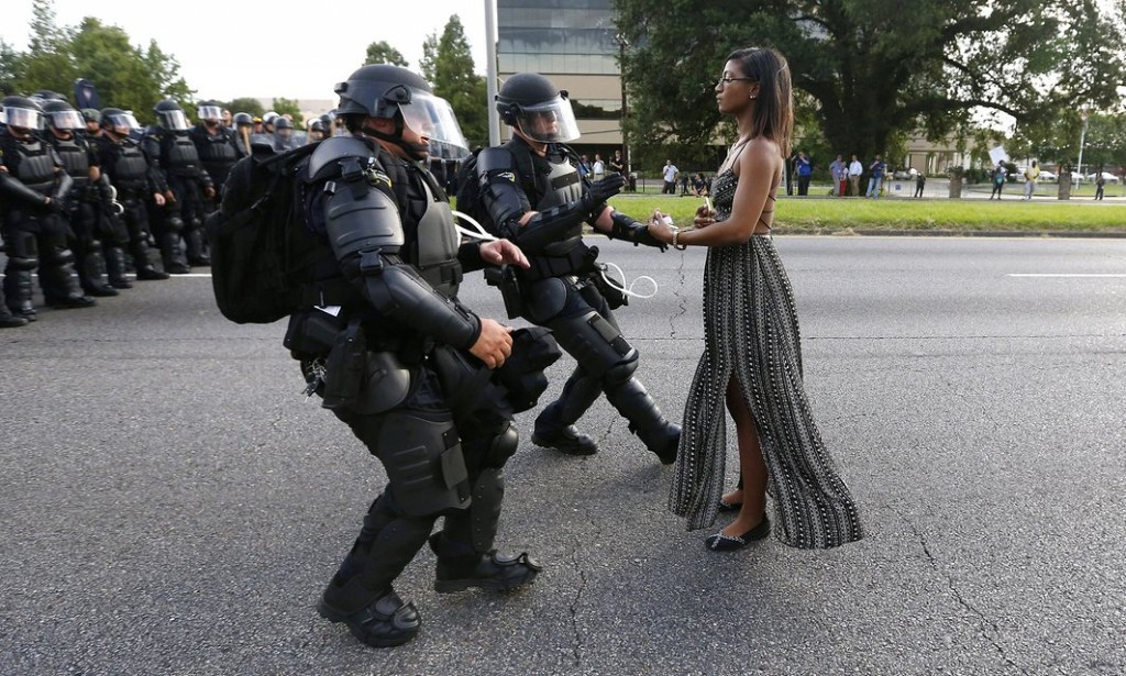  ‘When the armored officers rushed at me, I had no fear. I wasn’t afraid.’ Ieshia Evans protesting in Baton Rouge. Photograph: Jonathan Bachman/Reuters