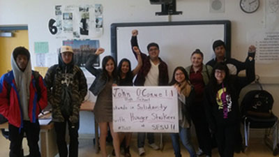 Students at the John O'Connell High School in San Francisco express support for the SF State hunger strikers, May, 2016. Image courtesy of Defend and Advance Ethnic Studies at SF State
