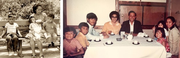 L: Lola raised the author (left) and his siblings, and was sometimes the only adult at home for days at a time. R: The author (second from the left) with his parents, siblings, and Lola five years after they arrived in the U.S.