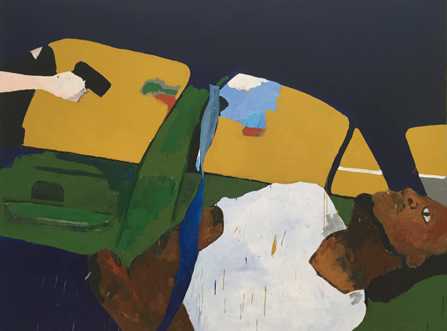 THE TIMES THAY AINT A CHANGING, FAST ENOUGH!, by Henry Taylor. The painting is based on the video made in the aftermath of the fatal shooting of Philando Castile by a Minnesota police officer in 2016. Taylor’s work was on view last month at the Whitney Biennial. Courtesy the artist and Blum & Poe, Los Angeles